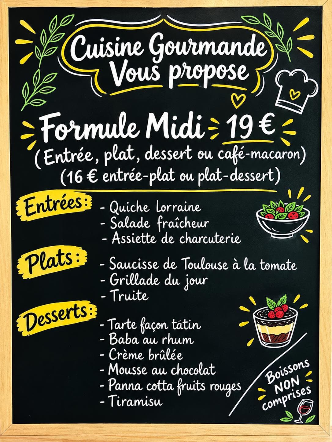 L'ardoise de Cuisine Gourmande : formule midi à 19 €, entrées, plats et desserts écrits à la craie