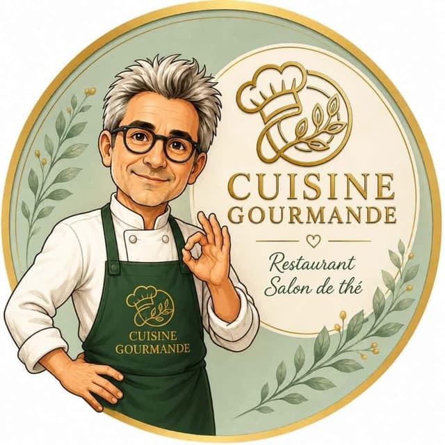 Logo de Cuisine Gourmande : le chef en tablier vert, restaurant et salon de thé